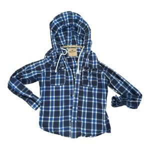 Hollister Plaid Blue Women's Hooded Button Up Shirt Size Small‎